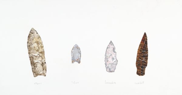 A watercolor of four arrowheads used by PaleoIndians from Wisconsin.  The types from left to right are: clovis, folsum, lanceolate and scottsbluff.