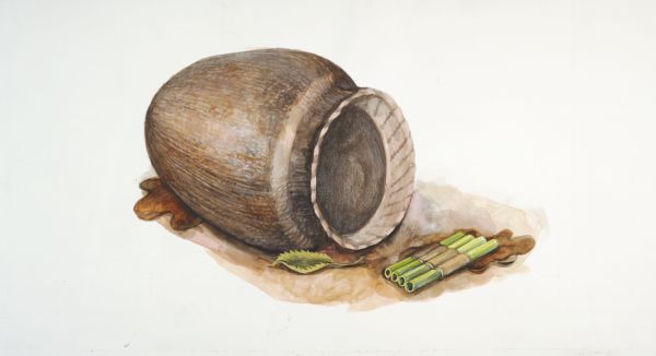 A watercolor of a piece of pottery and a pan pipe created by late woodland mound builders of Wisconsin.