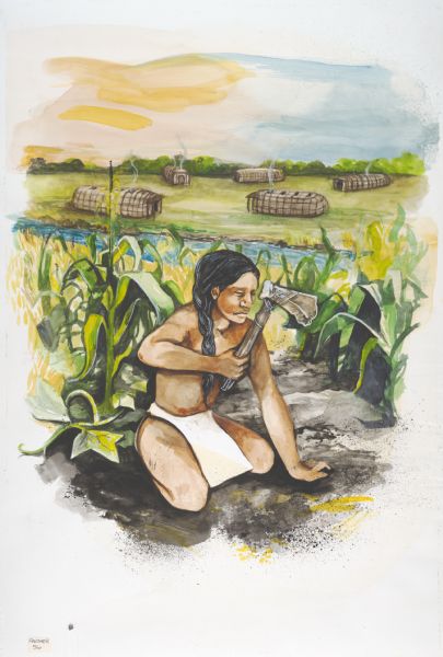 A painting of an Oneota farmer with village in the background.