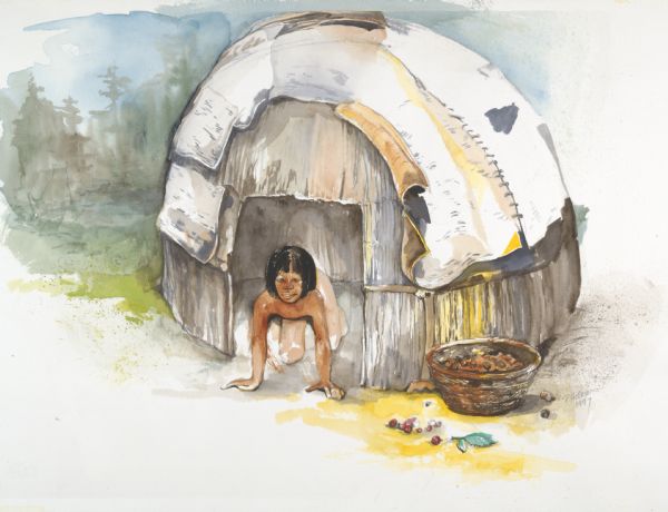 A watercolor of a shelter made of bark with child inside of it.