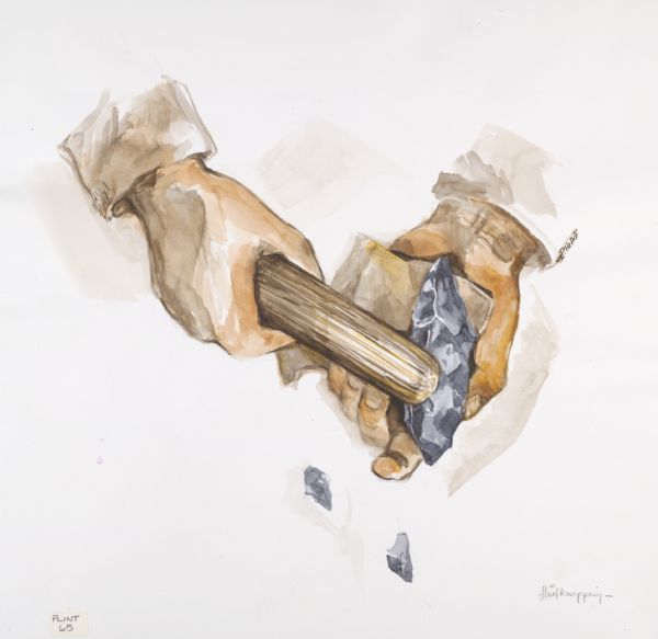 A watercolor of a person flintknapping, a process used to make prehistoric stone tools.