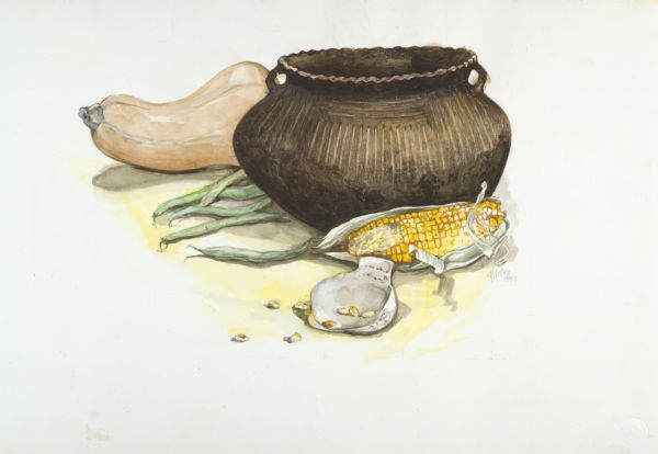 Oneota pottery and shell spoon with assorted vegetables, including corn, beans, and a gourd.