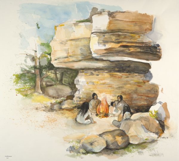A watercolor of a group of Indians sitting around a fire under a cliff.