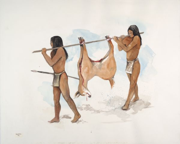 A watercolor of a set of archaic Indian deer hunters with their kill.