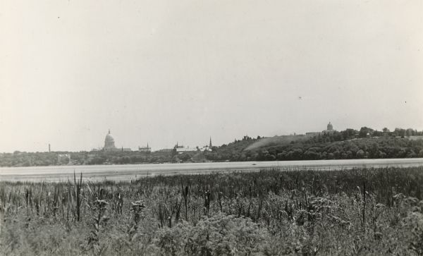 View of the Wisconsin Capitol with its new dome, and the University of Wisconsin-Madison campus, including Bascom Hall, taken from Picnic Point.