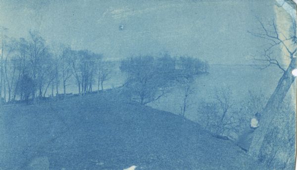 Cyanotype image of a view looking towards the end of Picnic Point.