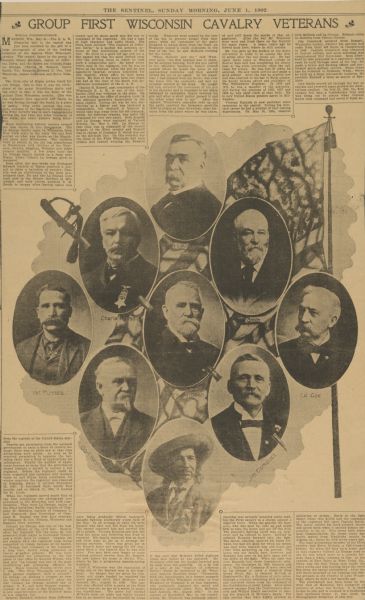 Newspaper page with a composite of portraits of the First Wisconsin Cavalry veterans from the Civil War who enlisted at Ripon, Wisconsin.