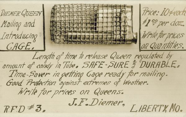 Postcard including a photograph of a device used to transport a queen bee. On it is also an advertisement for ordering queen bees.