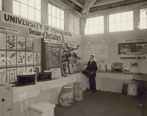 Display for the University of Minnesota's Division of Bee Culture. An unknown man wearing a suit and tie and holding a hive frame stands near the display. Examples of foul brood and healthy brood are in frames displayed on the table. On the floor is a modern hive box, straw skep, and a hollow log with a wood cover.