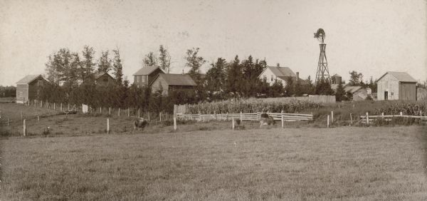 Home of E. France & Son. The buildings from left to right are: Warehouse No. 2 (partially blocked by 20 foot tall spruce hedge), Warehouse No. 3, 160 colony Apiary (with a shop in the center), Residence, Windmill, Watertank, Buggy Shed and Barn.