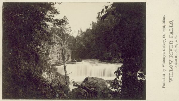 Willow River Falls. Text at right reads: "Published by Whitney's Gallery, St. Paul, Minn. Willow River Falls Near Hudeson, Wis."