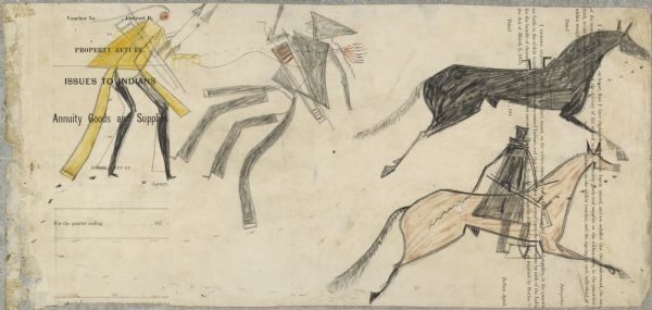 Ledger Drawing. Two men in battle. Two horses, one with a rider dressed entirely in black.