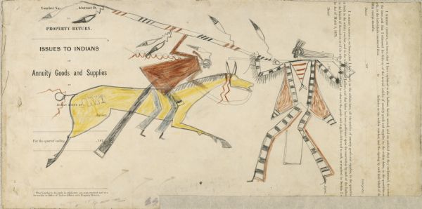 Ledger Drawing. Two men in combat, one on horseback with a spear or coup stick.