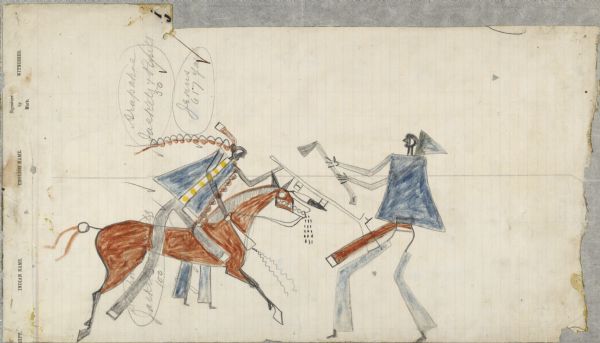 Ledger Drawing. Two men in combat, one on horseback.