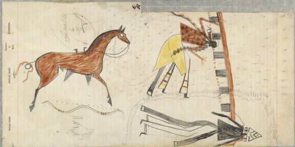 Ledger Drawing. Two men, one horse. One man touches the other with what may be a coup stick.