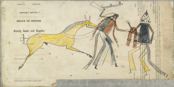 Ledger Drawing. Two men in combat, one leading a horse.