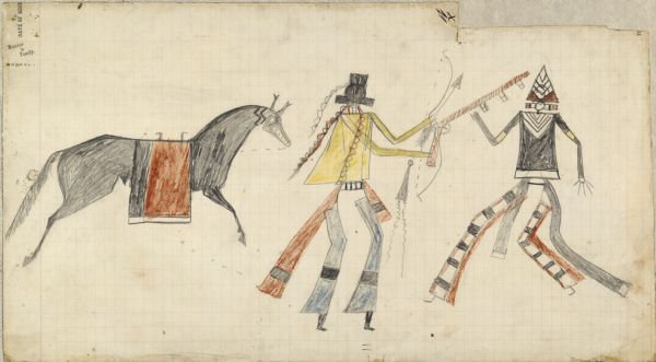 Ledger Drawing. Two men in combat. One horse.