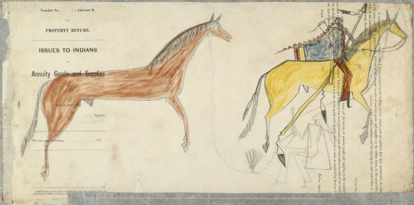 Ledger Drawing. Two horses, one ridden by a man with long spear or coup stick. Second man drawn in pencil, not colored.