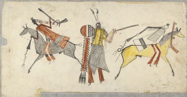 Ledger Drawing. Three men, two on horseback riding in opposite directions. Third standing, firing a gun.
