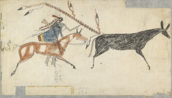 Ledger Drawing. Two horses, one ridden by a man with spear or coup stick.