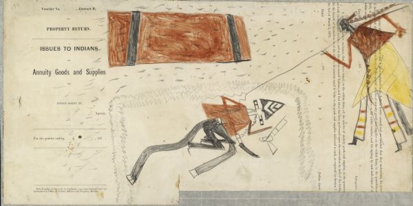 Ledger Drawing. Two men, one prone, the other touching him with what may be a coup stick.