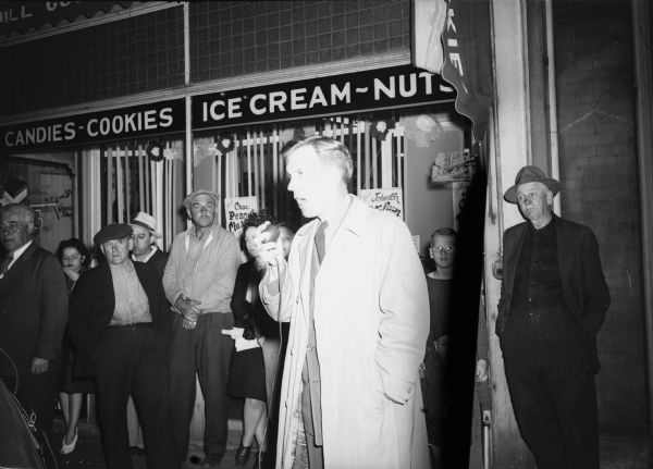 Edmund V. Bobrowicz campaigning for Congress in Wisconsin's Fourth Congressional District.<p>Bobrowicz, a worker at Greenebaum's Tannery and organizer for the Fur and Leather Workers Union (CIO), defeated incumbent Thaddeus Wasielewski in the Democratic primary.  Wasielewski's decision to run as an Independent in the general election split the Democratic vote and allowed Republican John Brophy to be narrowly elected.</p>