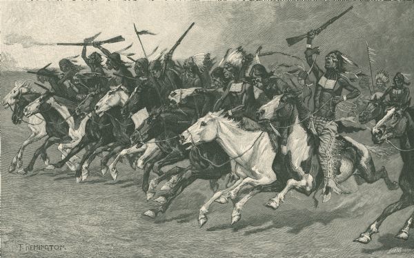Sioux on horseback charging with weapons raised.