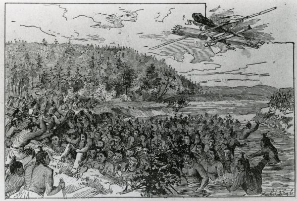 An illustration titled "The Battle of the Brule" based on an 1840's battle between the Ojibwe and Dakota Sioux over territory in the Ashland, Wisconsin area, a battle which the Ojibwe won.