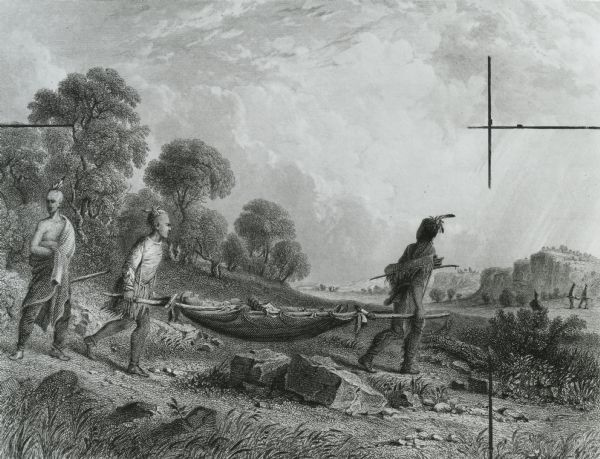 "Transporting the Wounded". Wood engraving from a drawing by Seth Eastman, from the Aboriginal Portfolio by Mary H. Eastman, 1853.