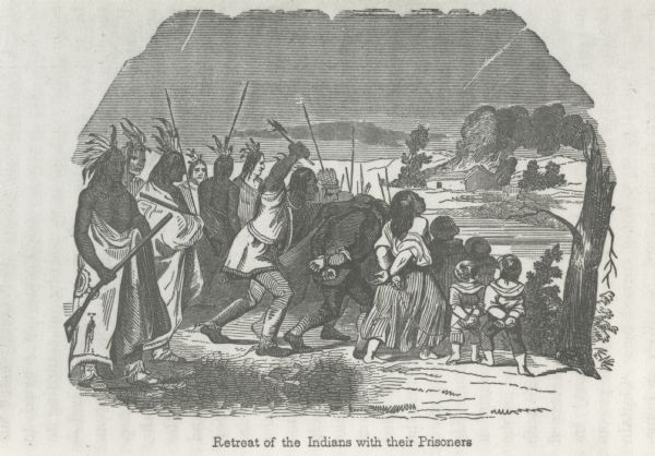 Photograph of an engraving from an unknown source depicting a group of Native American warriors herding white captives along a trail.  A building burns in the background.