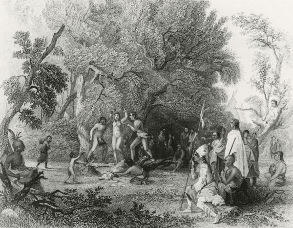 A engraving of the artist's conception of Pawnees torturing a female captive in the Morning Star Sacrifice ceremony.