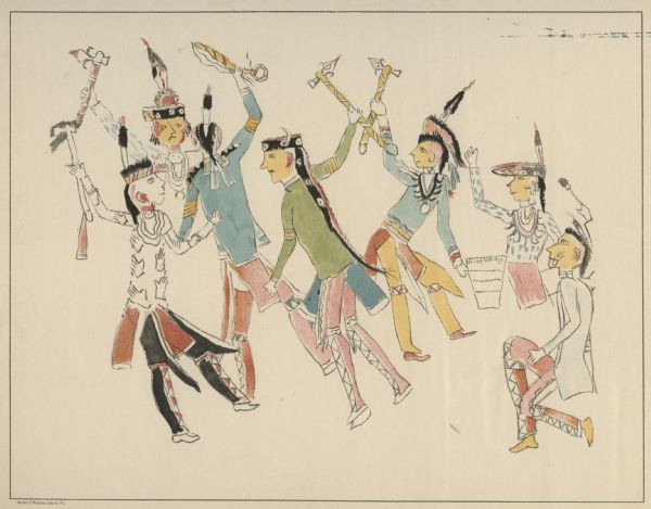 A drawing of a war dance including Kiowas, Osages, and Pawnees drawn by a Comanche boy, at Kiowa, Comanche, and Wichita Agency, Oklahoma.