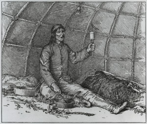 An Ojibwa herbalist prepares medicine and treats a patient.  From the "Annual Report of the Bureau of Ethnology J.W. Powell Director 1885-1886" page 159.