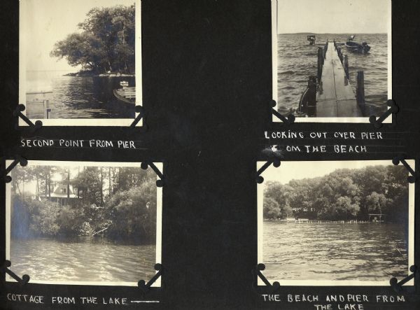 Four different views of a pier and lake front house.