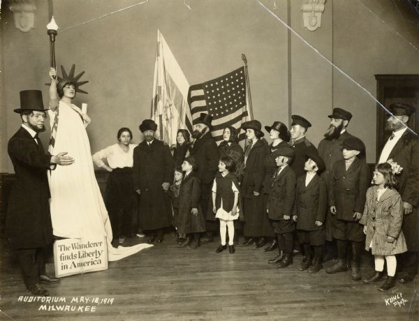 Scene from Poale Zion Chasidim, an Americanization pageant held in the Milwaukee auditorium to welcome Milwaukee's new citizens.