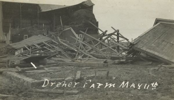 The ruins of the Dreher Farm after it was hit by a tornado.