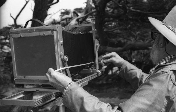 Photographer Ansel Adams measuring the bellows extension of his camera, to help determine the proper exposure, for a photograph to be made in a wooded area near Point Lobos.