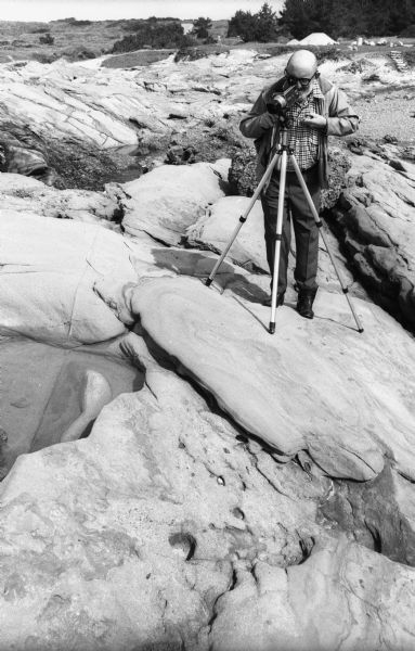Photographer Ansel Adams photographs a tide pool with his tripod mounted Hasselblad camera.