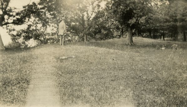 A visitor examines conical and effigy mounds at the Williams South mound group near Lake Kegonsa State Park.