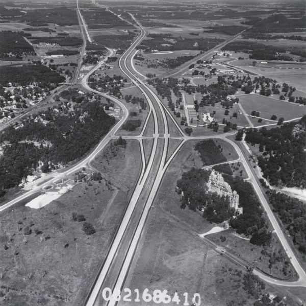 Aerial view of Interstate I-90/94 at Camp Douglas, looking northwest.