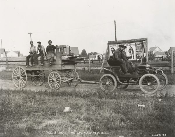 Thomas B. Jeffery's first Rambler automobile during a test for strength in Kenosha, Wisconsin.