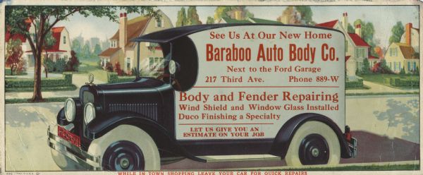 Advertising blotter for the Baraboo Auto Body Co.