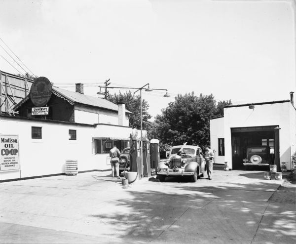 A serviceman checks the oil of a car at the Madison Co-op Station. During the 1930s the cooperative movement in Wisconsin expanded its rural base to offer products and services to city dwellers such as housing and gasoline.