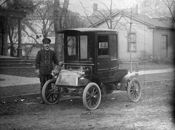 Automobile alleged to be the first coupe built in Wisconsin. The vehicle was built by Gus Wilkie of Sheboygan from the body of a carriage and the chassis from a one-cylinder Thomas B. Jeffery Co., Rambler.