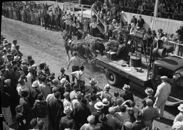 Horse pulling contest at an unidentified Wisconsin county fair. At the time, farmers were making the transition from horse-drawn equipment to tractors and other motorized equipment and soon farmers would no longer own the livestock for such contests between horses and horsepower.