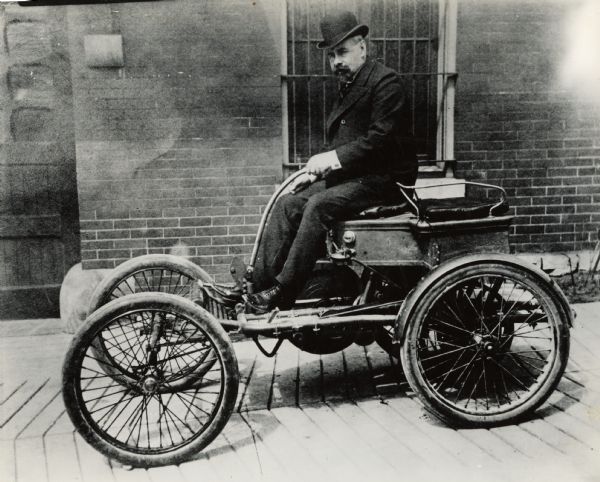 Thomas B. Jeffery, founder of the Thomas B. Jeffery Company of Kenosha in 1902. Before that Jeffery produced several experimental automobiles, including this one which he built in Chicago in 1897. His company later became the Nash Motors Company after its purchase by Charles Nash.