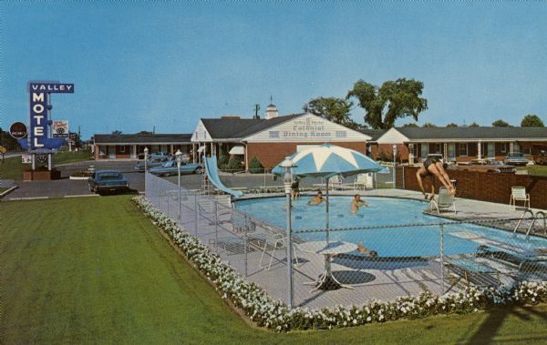 The Valley Motel and Colonial Restaurant at the intersection of Highways 41 and 29. This motel boasts that it has a large lighted swimming pool as well as television, radio, and music in every room.