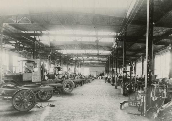 Interior of the Reliance Motor Truck Company in Appleton, in which the absence of assembly line construction is notable.