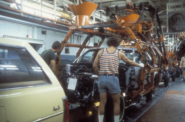 Assembly line workers at the General Motors plant.