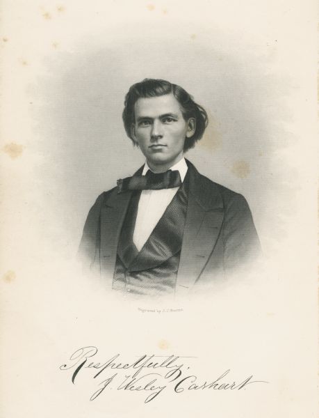Engraved portrait of J. Wesley Carhart of Racine, Methodist minister, physician, and inventor of a steam-powered automobile in 1871. Although impractical, that vehicle won the first automobile race (from Green Bay to Madison) in 1878. This engraving depicts Carhart only a few years after that race. The engraving appears in his autobiography, "Four Years on Wheels, or Life as a Presiding Elder."
